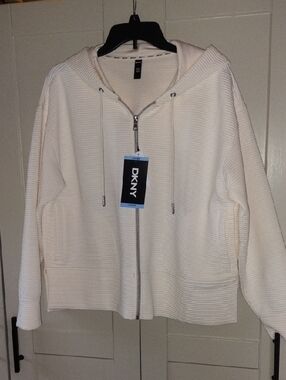 DKNY Cream Ribbed Full-Zip Hooded Jacket